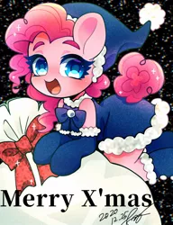 Size: 1378x1791 | Tagged: safe, artist:bbtasu, derpibooru import, pinkie pie, semi-anthro, black background, christmas, christmas stocking, clothes, costume, cute, diapinkes, female, hat, holiday, image, jpeg, no nose, open mouth, sack, santa costume, santa hat, simple background, snow, snowfall, solo, thick eyebrows