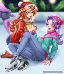 Size: 1200x1374 | Tagged: safe, artist:racoonsan, derpibooru import, starlight glimmer, sunset shimmer, human, equestria girls, anime, blushing, breasts, busty starlight glimmer, butt, christmas, clothes, cute, cute little fangs, duo focus, fangs, female, glimmerbetes, hat, holding hands, holiday, humanized, ice, ice skating, iceskating, image, implied lesbian, implied shimmerglimmer, implied shipping, jacket, jeans, jpeg, laughing, looking at each other, one eye closed, open mouth, pants, santa hat, scarf, shimmerbetes, sweater, sweater puppies