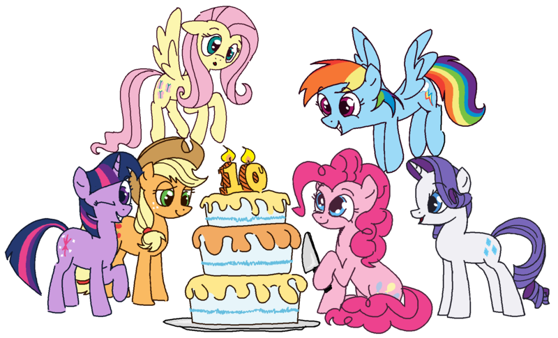 Size: 1884x1142 | Tagged: safe, artist:kleyime, derpibooru import, applejack, fluttershy, pinkie pie, rainbow dash, rarity, twilight sparkle, earth pony, pegasus, pony, unicorn, cake, candle, colored, flat colors, food, happy birthday mlp:fim, hoof hold, image, knife, mane six, mlp fim's tenth anniversary, one eye closed, png, simple background, unicorn twilight, white background, wink, winking at you