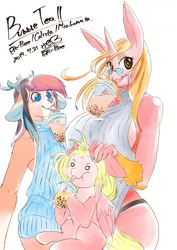 Size: 1447x2046 | Tagged: suggestive, alternate version, artist:ero-bee, derpibooru import, oc, oc:calista, oc:ero-bee, unofficial characters only, anthro, deer, pegasus, pony, unicorn, anthro with ponies, antlers, breasts, bubble tea, clothes, colored, drinking, female, freckles, glasses, hands-free bubble tea challenge, hoof hold, horn, image, jpeg, messy mane, pegasus oc, petting, sideboob, simple background, smiling, unicorn oc, white background, white eyes, wings
