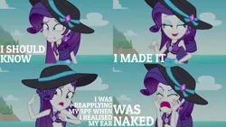 Size: 2000x1125 | Tagged: safe, derpibooru import, edit, edited screencap, editor:quoterific, screencap, rarity, equestria girls, equestria girls series, lost and found, belly button, clothes, eyes closed, female, freakout, geode of shielding, hat, image, magical geodes, marshmelodrama, my ear was naked, open mouth, png, rarity being rarity, solo, sun hat, swimsuit, teeth
