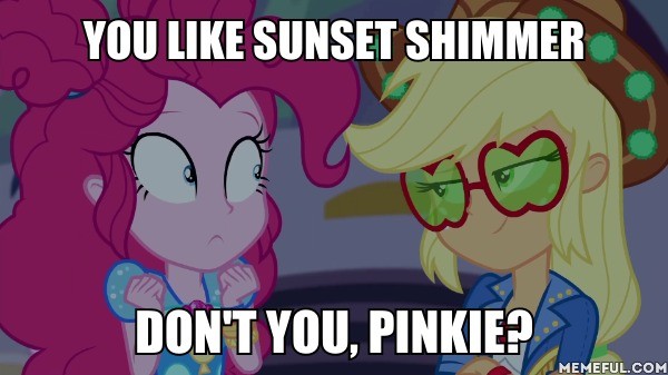 Size: 600x337 | Tagged: safe, derpibooru import, edit, edited screencap, screencap, applejack, pinkie pie, sunset shimmer, equestria girls, equestria girls series, sunset's backstage pass!, spoiler:eqg series (season 2), breasts, caption, female, geode of sugar bombs, image, image macro, implied lesbian, implied sunset shimmer, implied sunsetpie, interspecies, jpeg, just one bite, lesbian, magical geodes, memeful.com, pinkie loves bacon bits, shipping, spongebob squarepants, sunsetpie, text, you like krabby patties don't you squidward?