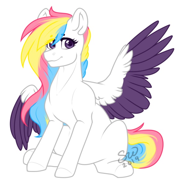 Size: 1020x1043 | Tagged: safe, artist:silentwolf-oficial, derpibooru import, oc, unofficial characters only, pegasus, pony, image, multicolored hair, one wing out, pegasus oc, png, signature, simple background, sitting, smiling, solo, transparent background, two toned wings, wings