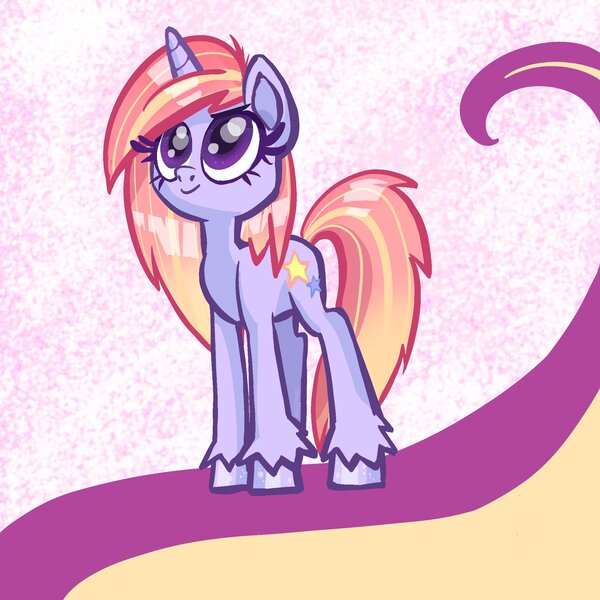 Size: 2048x2048 | Tagged: safe, artist:pfeffaroo, derpibooru import, oc, unofficial characters only, pony, unicorn, abstract background, female, g5, high res, horn, image, jpeg, looking up, mare, shiny mane, smiling, solo, standing, three quarter view, unicorn oc, unshorn fetlocks