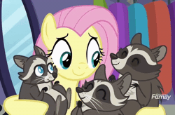Size: 514x338 | Tagged: safe, derpibooru import, screencap, fluttershy, smoky, smoky jr., softpad, pegasus, pony, raccoon, fake it 'til you make it, animated, cropped, cute, discovery family logo, female, gif, hug, image, mare, shyabetes, smiling, solo focus, whiskers