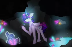 Size: 6400x4200 | Tagged: safe, artist:jamlotte1, derpibooru import, oc, oc:cosmic star, alicorn, pony, cave, ethereal mane, galaxy mane, gemstones, image, png, solo