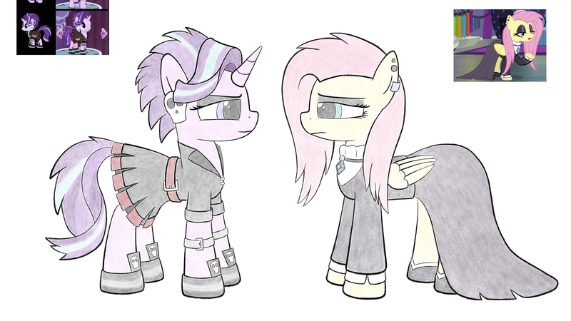 Size: 4800x2700 | Tagged: safe, artist:sheeppony, derpibooru import, fluttershy, starlight glimmer, pegasus, pony, unicorn, edgelight glimmer, female, fluttergoth, gameloft interpretation, image, mare, png