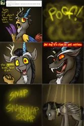 Size: 1502x2254 | Tagged: semi-grimdark, artist:jitterbugjive, derpibooru import, discord, doctor whooves, time turner, bird, chicken, draconequus, pegasus, pony, ask discorded whooves, antagonist, bags under eyes, bowtie, chained, comic, creepy, dialogue, discord whooves, discorded, image, manipulation, mind control, png, pun, puppet strings, puppeteer, race swap, red eyes take warning, rooster, shapeshifting, tumblr comic