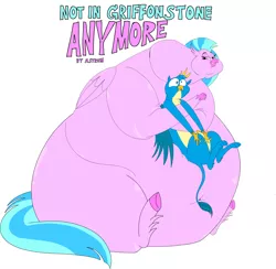 Size: 13894x13565 | Tagged: safe, artist:princebluemoon3, derpibooru import, gallus, silverstream, gryphon, hippogriff, fanfic, bedroom eyes, belly, belly button, big belly, bingo wings, chubby cheeks, cute, digital art, double chin, duo, fanfic art, fanfic cover, fat, fat fetish, female, fetish, gallstream, hug, huge belly, image, impossibly large belly, jpeg, male, neck fat, obese, shipping, silverblob, simple background, sitting, size difference, smiling, squeezing, straight, transparent background