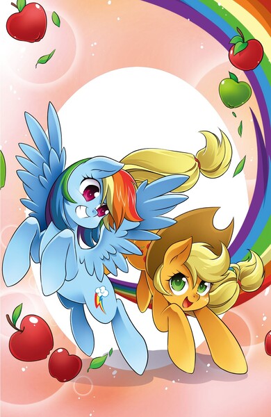 Size: 1041x1600 | Tagged: safe, artist:nekoshiei, derpibooru import, applejack, rainbow dash, earth pony, pegasus, pony, my little pony: the manga, spoiler:manga3, cover, cute, dashabetes, duo, duo female, female, image, jackabetes, jpeg, mare, my little pony: the manga volume 3