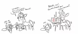 Size: 1658x736 | Tagged: safe, artist:mane6, derpibooru import, arizona cow, oleander (tfh), classical unicorn, cow, unicorn, them's fightin' herds, 2 panel comic, book, cloven hooves, comic, community related, cool s, female, golly, image, jpeg, leonine tail, monochrome, super s stussy, unshorn fetlocks