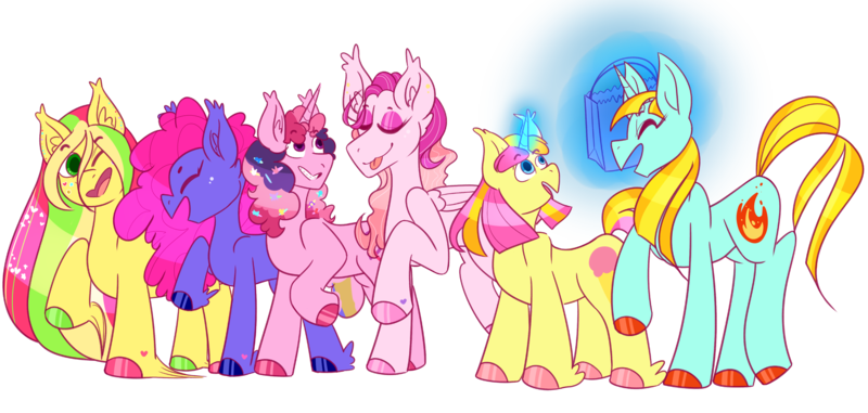 Size: 4204x2000 | Tagged: safe, artist:von babbitt, derpibooru import, firecracker burst, fizzy pop (g3), hidden treasure, kiwi tart, lucky swirl, sweetcream scoops, earth pony, pegasus, pony, unicorn, female, image, png