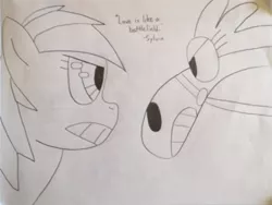 Size: 595x448 | Tagged: safe, artist:rainbowstrike20, derpibooru import, rainbow dash, crossover, image, jpeg, sylvia, traditional art, wander over yonder