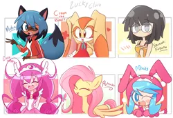 Size: 3000x2050 | Tagged: safe, artist:luckyclau, derpibooru import, fluttershy, human, pegasus, pony, six fanarts, bna: brand new animal, cream the rabbit, cure happy, daybreaker illusion, eyes closed, fuyuna shinzaki, glasses, hoshizora miyuki, image, michiru kagemori, minits, one eye closed, open mouth, png, pop n music, slime pretty cure, sonic the hedgehog (series), wink