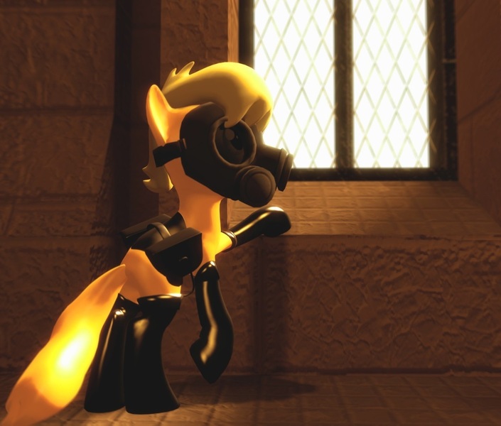 Size: 1225x1042 | Tagged: suggestive, artist:thegoldenmonk, deleted from derpibooru, derpibooru import, ms. harshwhinny, earth pony, pony, 3d, bag, bodysuit, boots, clothes, drones inc., female, gas mask, gmod, image, jpeg, latex, latex suit, mask, rubber, rubber drone, rubber suit, saddle bag, sfm pony, shoes, solo, source filmmaker, story included, window