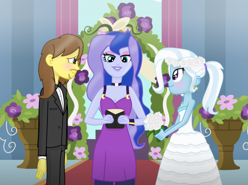 Size: 2917x2169 | Tagged: safe, artist:grapefruitface1, derpibooru import, princess luna, trixie, oc, oc:grapefruit face, equestria girls, blushing, bowtie, canon x oc, clothes, dress, female, grapexie, image, male, marriage, png, shipping, straight, trixie day, tuxedo, vice principal luna, wedding dress