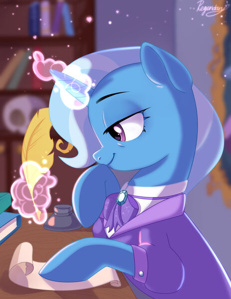 Size: 1920x2489 | Tagged: safe, artist:regendary, derpibooru import, trixie, pony, unicorn, book, bookshelf, counselor trixie, female, holiday, image, inkwell, jpeg, magic, mare, older, older trixie, quill, scroll, solo, telekinesis, valentine's day