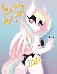 Size: 2127x2752 | Tagged: suggestive, artist:pearlyiridescence, derpibooru import, oc, oc:pearly iridescence, unofficial characters only, anthro, bat pony, pony, albino, anthro oc, ass, bikini, black eyeshadow, body writing, breasts, butt, clothes, ear fluff, fangs, female, happy new year, holiday, image, looking back, mare, micro bikini, peace sign, png, small breasts, solo, solo female, swimsuit, tail wrap, unimpressed