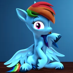 Size: 2160x2160 | Tagged: safe, artist:psfmer, derpibooru import, rainbow dash, pegasus, pony, 3d, behaving like a cat, female, gradient background, image, licking, looking at you, mare, png, sfm pony, sitting, solo, source filmmaker, spread wings, surprised, tongue out, unshorn fetlocks, wings, wooden floor