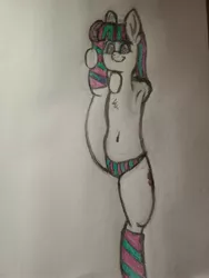 Size: 3024x4032 | Tagged: suggestive, artist:2tailedderpy, derpibooru import, blossomforth, pony, clothes, female, flexible, image, jpeg, mare, panties, raised leg, socks, solo, solo female, standing splits, striped socks, traditional art, underwear