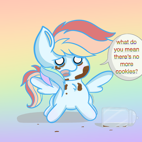 Size: 2048x2048 | Tagged: safe, artist:ledwine glass, artist:lewdielewd, derpibooru import, rainbow dash, pegasus, pony, chibi, chocolate, cute, dashabetes, food, image, jar, messy eating, png, rainbow background, sad, solo, talking