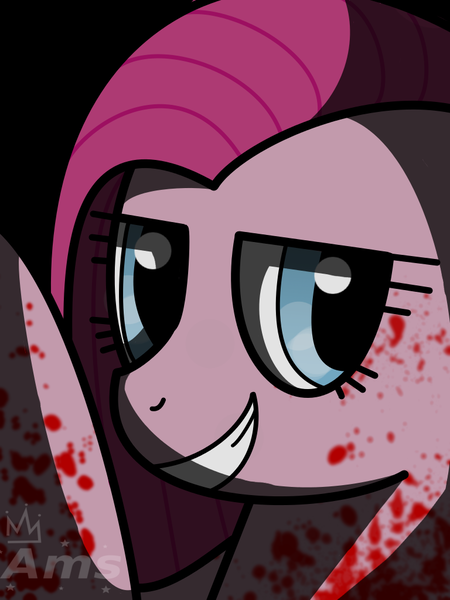 Size: 768x1024 | Tagged: semi-grimdark, artist:amgiwolf, derpibooru import, pinkie pie, earth pony, pony, black background, blood, bust, eyelashes, female, grin, image, mare, pinkamena diane pie, png, simple background, smiling, waving