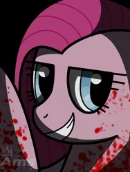 Size: 768x1024 | Tagged: semi-grimdark, artist:amgiwolf, derpibooru import, pinkie pie, earth pony, pony, black background, blood, bust, eyelashes, female, grin, image, mare, pinkamena diane pie, png, simple background, smiling, waving