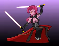 Size: 1650x1276 | Tagged: suggestive, artist:samoht-lion, derpibooru import, pinkie pie, equestria girls, absolute cleavage, breasts, cleavage, clothes, cosplay, costume, female, image, png, sith, sith lord, star wars, sword, weapon