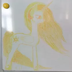 Size: 689x688 | Tagged: safe, artist:kody wiremane, derpibooru import, princess celestia, alicorn, cropped, cutie mark, ethereal mane, ethereal tail, hoof shoes, horn, image, incorrect color scheme, irl, low quality, mane, photo, png, tail, traditional art, whiteboard, wings