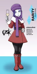 Size: 984x1951 | Tagged: safe, artist:oldskullkid, derpibooru import, rarity, equestria girls, alcohol, alternate hairstyle, boots, champagne, champagne glass, christmas, clothes, female, glasses, holiday, image, jpeg, scarf, shoes, solo, wine, winter outfit