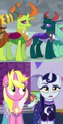 Size: 734x1440 | Tagged: safe, derpibooru import, screencap, moonlight raven, pharynx, sunshine smiles, thorax, changedling, changeling, unicorn, canterlot boutique, the ending of the end, brothers, changedling brothers, clothes, comparison, crack shipping, cropped, double date, dress, female, image, male, png, shipping, shipping domino, siblings, sisters, straight