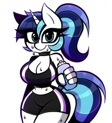 Size: 1000x1097 | Tagged: suggestive, artist:nelljoestar, derpibooru import, shining armor, anthro, belly button, breasts, busty gleaming shield, cleavage, clothes, female, gleaming shield, image, jpeg, ponytail, rule 63, sports bra, sweat