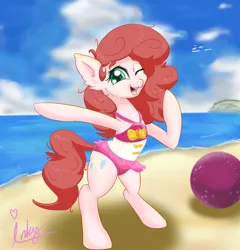 Size: 1280x1335 | Tagged: safe, artist:inky_mitts, derpibooru import, pinkie pie, earth pony, pony, ball, beach, clothes, equestria girls outfit, female, image, jpeg, mare, pink swimsuit, solo, swimsuit