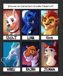 Size: 1072x1280 | Tagged: safe, artist:zobaloba, derpibooru import, bolt (character), princess luna, alicorn, big cat, dog, lion, pony, tiger, six fanarts, bust, carrot, chest fluff, collar, crescent moon, crossover, ethereal mane, eye scar, food, image, jewelry, jpeg, kion, moon, mouth hold, night, outdoors, peytral, scar, smiling, spirited away, starry mane, the lion guard, tiara