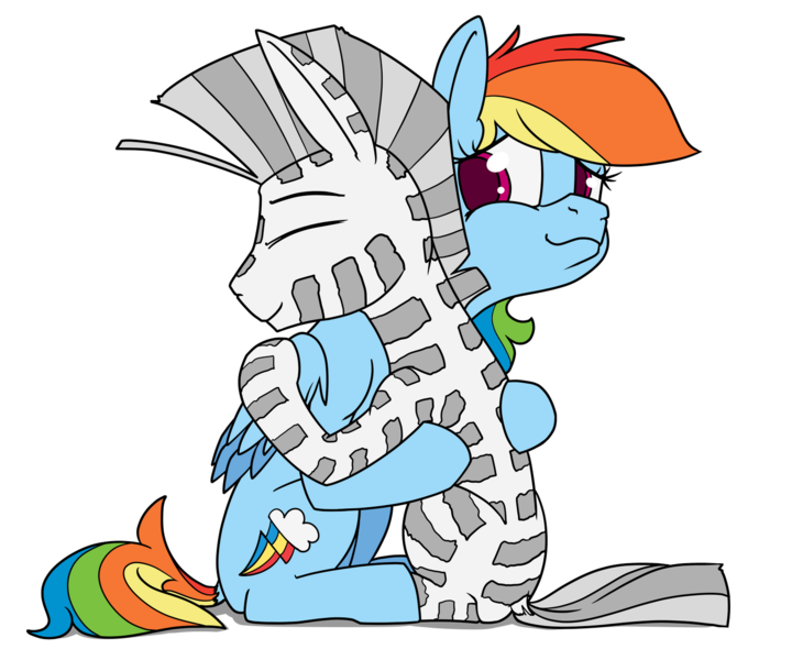 Size: 1400x1167 | Tagged: safe, artist:dacaoo, derpibooru import, rainbow dash, oc, pegasus, pony, zebra, hug, image, png, simple background, transparent background, zebra oc