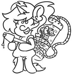 Size: 1015x1054 | Tagged: safe, artist:threetwotwo32232, derpibooru import, pony, bipedal, fangs, gun, hose, image, png, smiling, solo, unconscious, water tank, watergun, weapon