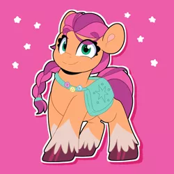 Size: 4000x4000 | Tagged: safe, artist:partylikeanartist, derpibooru import, sunny starscout, earth pony, pony, absurd resolution, bag, braid, eyebrows, eyebrows visible through hair, g5, hooves, image, looking at you, pin, png, ponytail, saddle bag, simple background, solo, that was fast