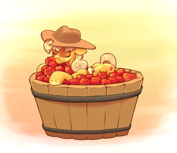 Size: 1300x1122 | Tagged: safe, artist:hc0, derpibooru import, applejack, earth pony, pony, apple, cowboy hat, eyes closed, female, food, hat, image, mare, png, solo, that pony sure does love apples, tub