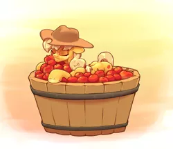 Size: 1300x1122 | Tagged: safe, artist:hc0, derpibooru import, applejack, earth pony, pony, apple, cowboy hat, eyes closed, female, food, hat, image, mare, png, solo, that pony sure does love apples, tub