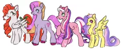 Size: 1202x492 | Tagged: safe, artist:polymercorgi, derpibooru import, dazzle surprise, muse (g2), paradise, sunny rays, earth pony, pony, unicorn, g1, g1 to g4, g2, g2 to g4, g3, g3 to g4, g4, generation leap, image, png, simple background, white background