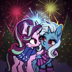 Size: 2000x2000 | Tagged: safe, artist:rrd-artist, derpibooru import, starlight glimmer, trixie, unicorn, 2021, blushing, chest fluff, clothes, female, fireworks, happy new year, heart eyes, holiday, image, jpeg, lesbian, scarf, shipping, startrix, wingding eyes