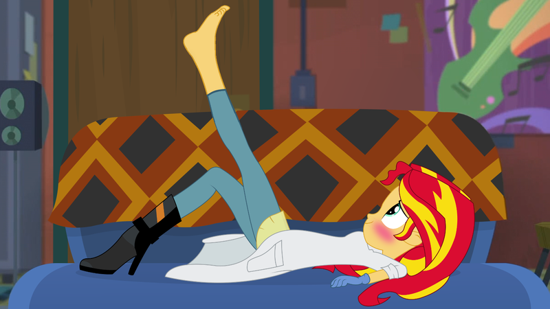 Size: 1607x903 | Tagged: suggestive, artist:sketchmcreations, derpibooru import, edit, editor:grapefruitface, sunset shimmer, equestria girls, blushing, clothes, feet, fetish, foot fetish, half barefoot, image, imminent masturbation, lab coat, png, raised leg, solo, sunset's apartment