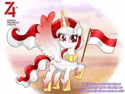 Size: 1280x960 | Tagged: safe, artist:payshiechastityart, derpibooru import, oc, oc:indonisty, ponified, unofficial characters only, alicorn, pony, alicorn oc, deviantart watermark, flag, glowing horn, hoof shoes, horn, image, indonesia, jpeg, magic, nation ponies, obtrusive watermark, peytral, smiling, solo, telekinesis, watermark, wings