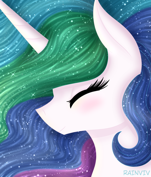 Size: 2000x2338 | Tagged: safe, artist:rainviv, derpibooru import, princess celestia, alicorn, pony, ethereal mane, eyes closed, female, flowing mane, horn, image, mare, png, solo, sparkles, sparkly mane