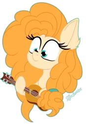 Size: 1400x2016 | Tagged: safe, artist:puperhamster, derpibooru import, pear butter, earth pony, pony, bust, ear fluff, female, guitar, image, mare, musical instrument, png, simple background, solo, transparent background