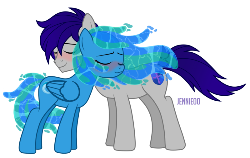 Size: 1200x761 | Tagged: safe, artist:jennieoo, derpibooru import, oc, oc:maverick, oc:ocean soul, earth pony, elemental, pegasus, pony, blushing, hug, image, png, show accurate, simple background, transparent background, vector, water mane