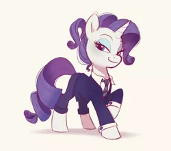 Size: 1328x1171 | Tagged: safe, artist:imalou, derpibooru import, rarity, pony, unicorn, /mlp/, 4chan, alternate hairstyle, business suit, clothes, drawthread, eyeshadow, female, horn, image, jpeg, lidded eyes, looking at you, makeup, mare, necktie, ponytail, raised hoof, requested art, simple background, smiling, smirk, smug, solo, stupid sexy rarity, suit