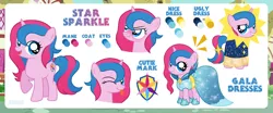 Size: 1280x533 | Tagged: safe, artist:jennieoo, deleted from derpibooru, derpibooru import, oc, oc:star sparkle, pony, unicorn, clothes, dress, female, filly, gala dress, happy, image, jpeg, puffy cheeks, reference sheet, show accurate, smiling, solo, tongue out, vector