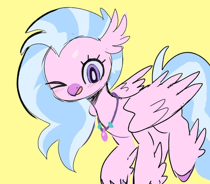 Size: 1018x894 | Tagged: safe, artist:mesqrit, derpibooru import, silverstream, hippogriff, blushing, cute, diastreamies, female, image, jewelry, jpeg, necklace, one eye closed, open mouth, simple background, solo, wink, yellow background