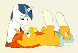 Size: 2048x1404 | Tagged: suggestive, artist:edrian, derpibooru import, shining armor, sunburst, pony, unicorn, adult foal, diaper, diaper fetish, fetish, image, jpeg, looking at each other, male, males only, non-baby in diaper, pacifier